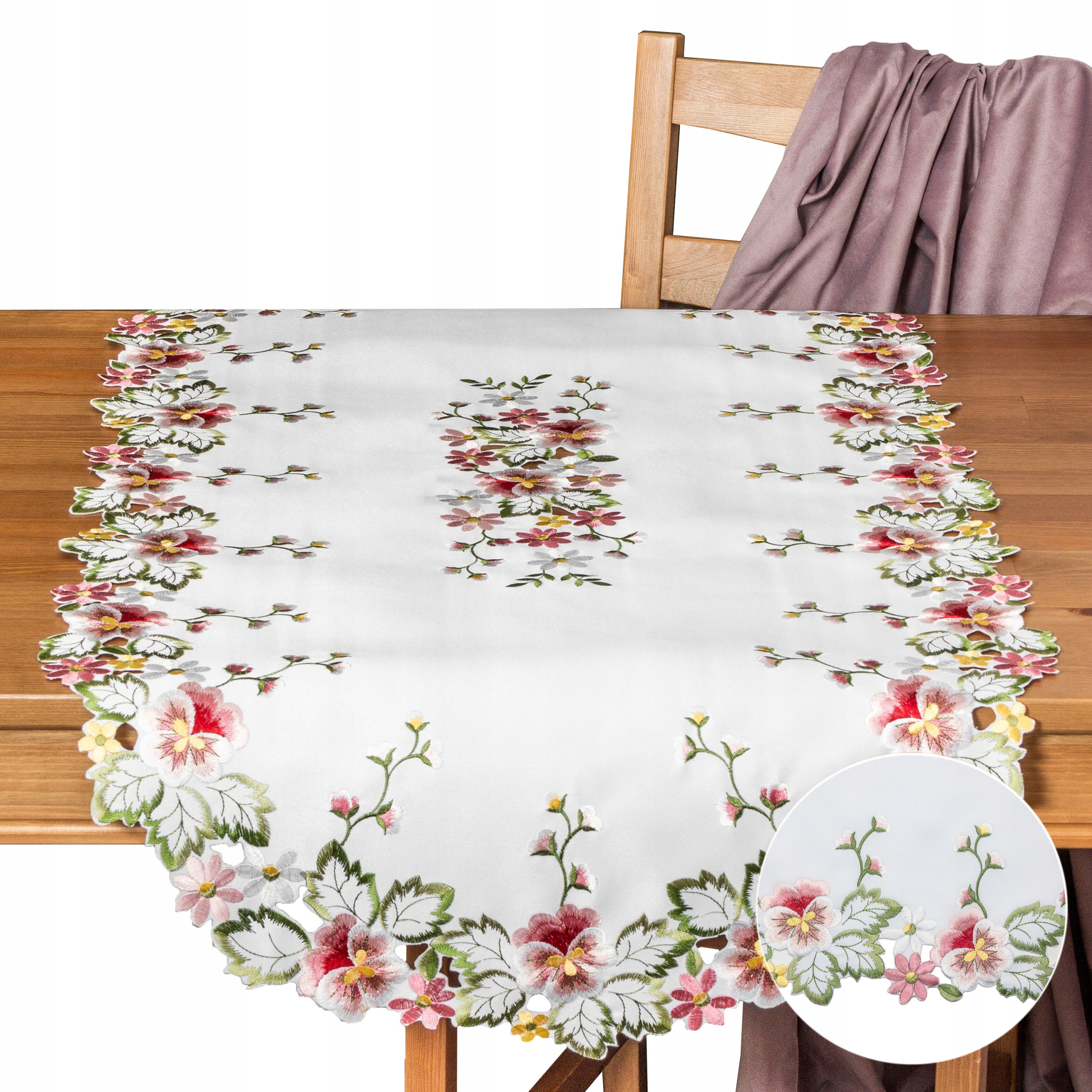 Bieżnik na stół BIAŁY HAFTOWANY 60x120 owalny OWAL RÓŻOWE bratki kwiaty Marka inna