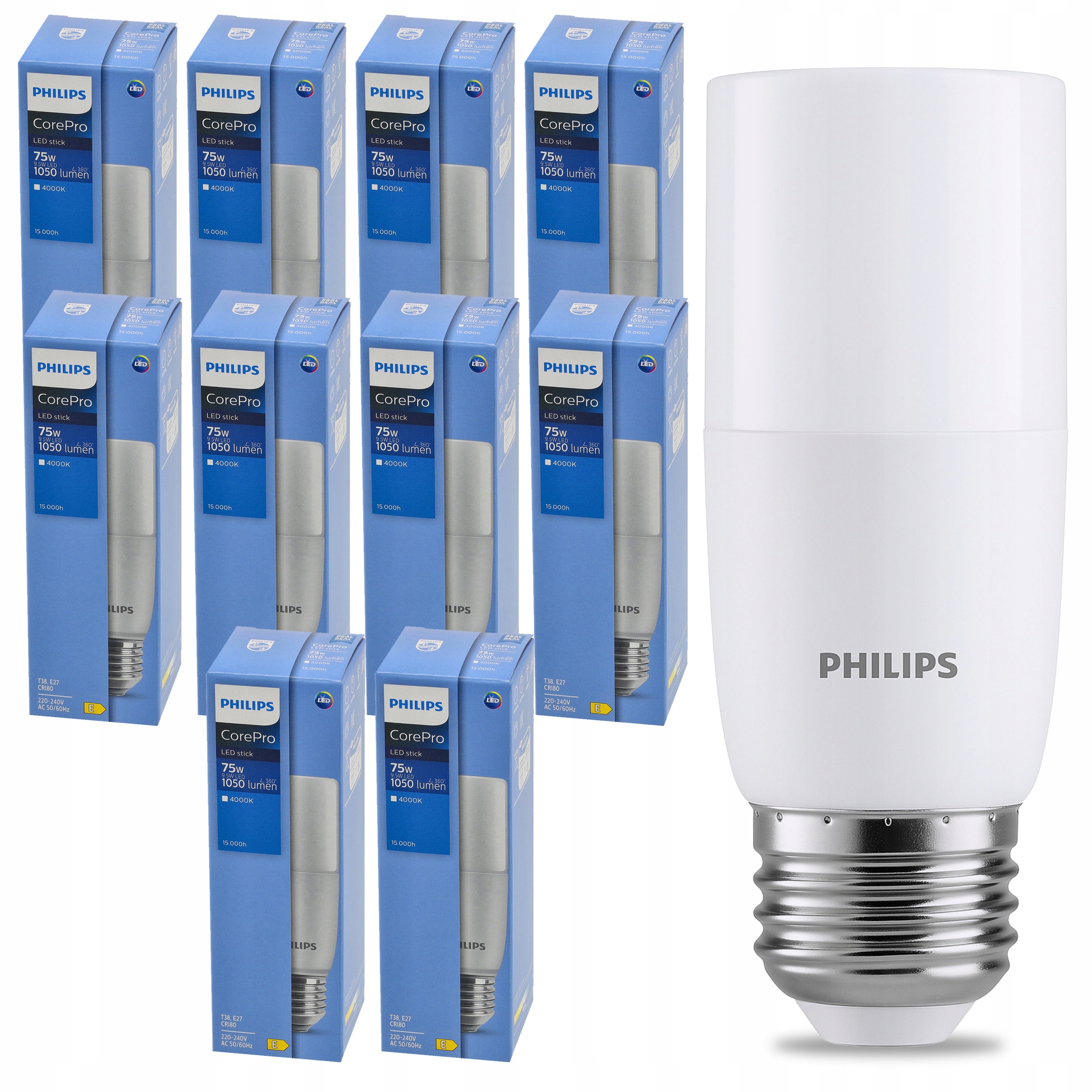 Żarówki LED E27 9,5W = 68W PHILIPS 1050lm Porządne 4000K CorePro 10x Zestaw