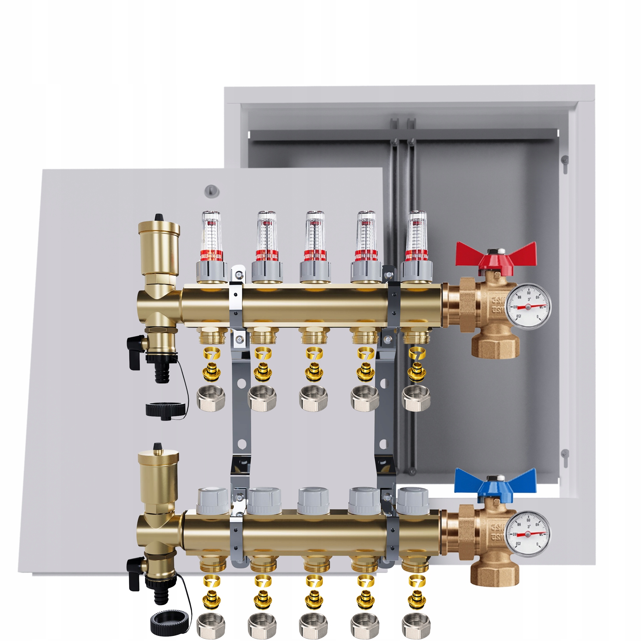 Rozdělovač Pro Podlahovou Krytinu 5 Okruhů Ventily Teploměr Krabička Pex