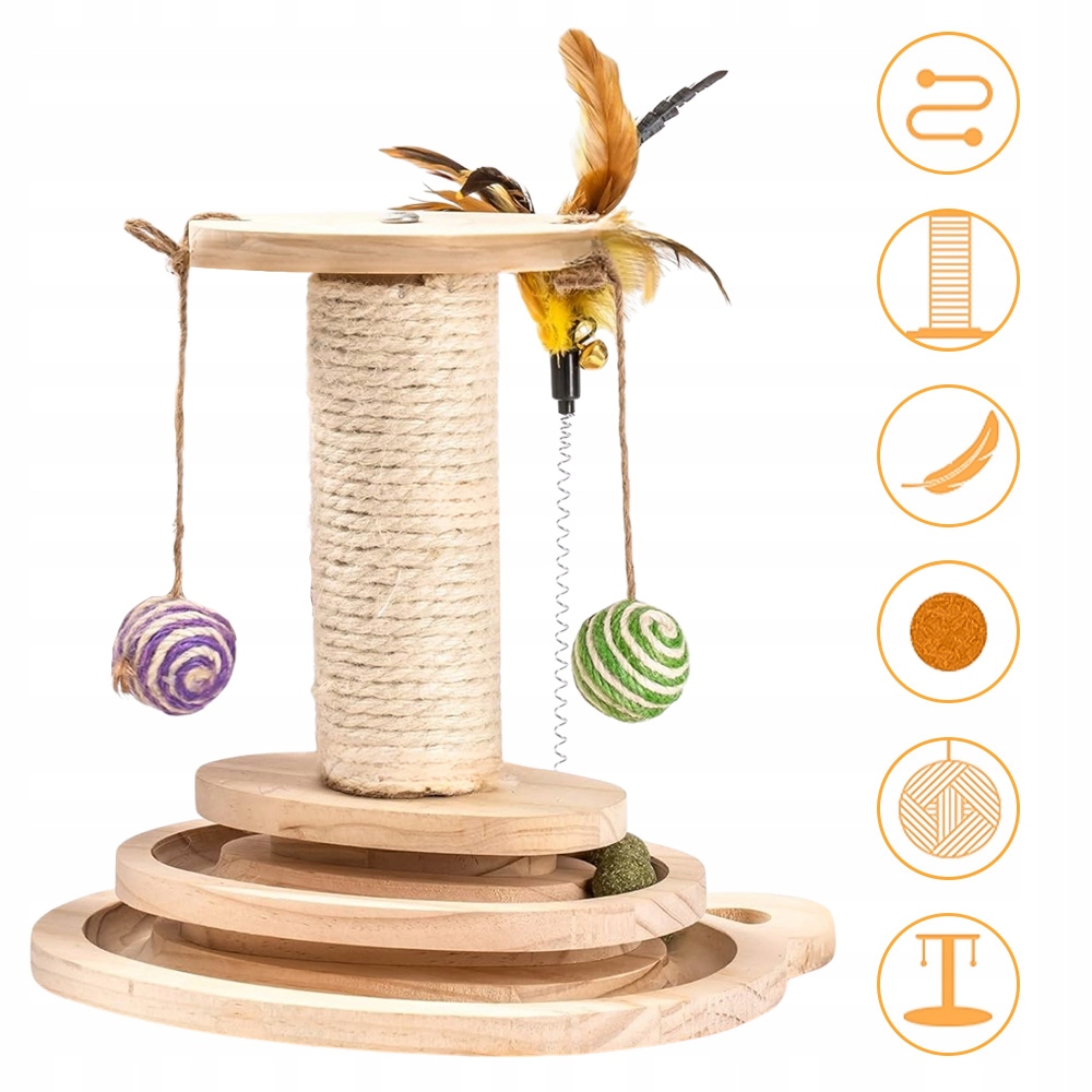 Levně Škrabadlo Pro Kočky Hračka Věž 4V1 S Míčky A Peříčky Interaktivní Hračka