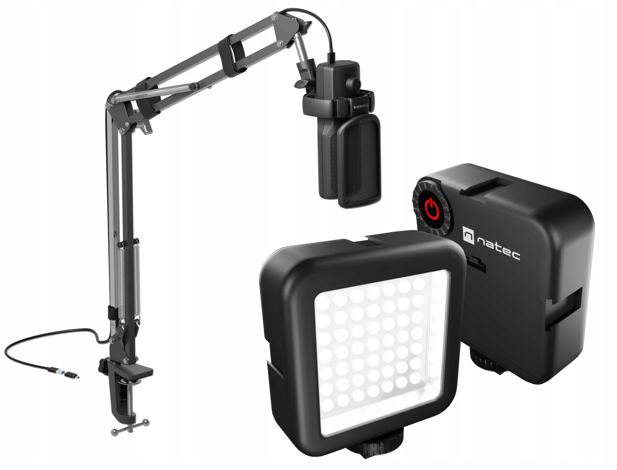 Mikrofon pojemnościowy Genesis Radium 251 Usb ramię czarny latarka lampa