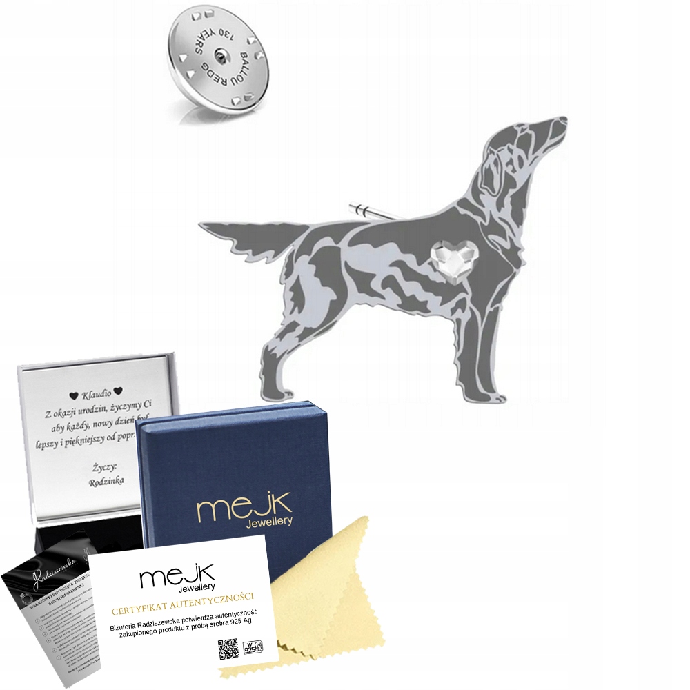 Odznak Stříbrná se psem Flat Coated Retriever 925 Šperky Dedikace Bonus