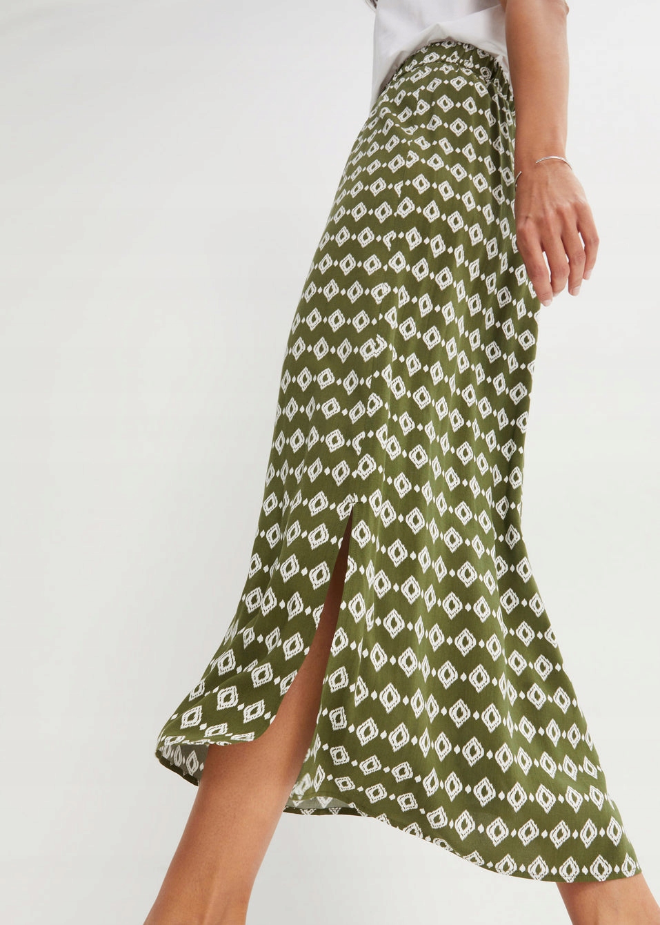 HA71 SPÓDNICA DAMSKA KLASYCZNA LETNIA WE WZÓR BONPRIX 42 OLIWKOWA Rozmiar 42