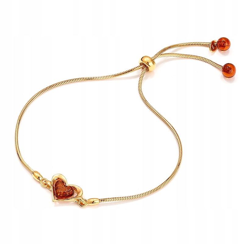 Zlatý Náramek Srdce Jantar Stříbro Pozlacený Ag 925