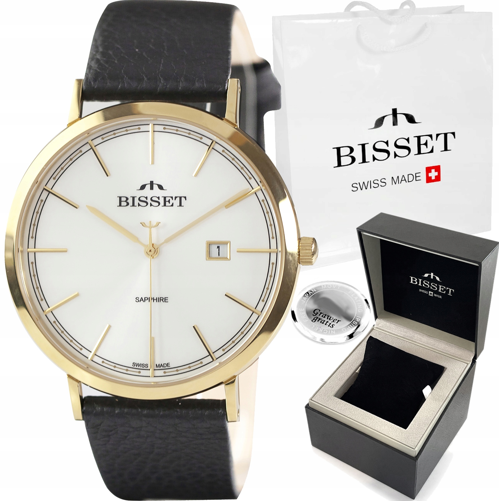 Švýcarské pánské hodinky Slim Bisset Safír Gravírování