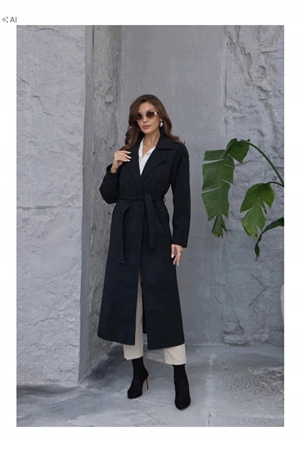 Dlouhý Černý Kabát S Páskem V Elegantním Stylu L 5IA