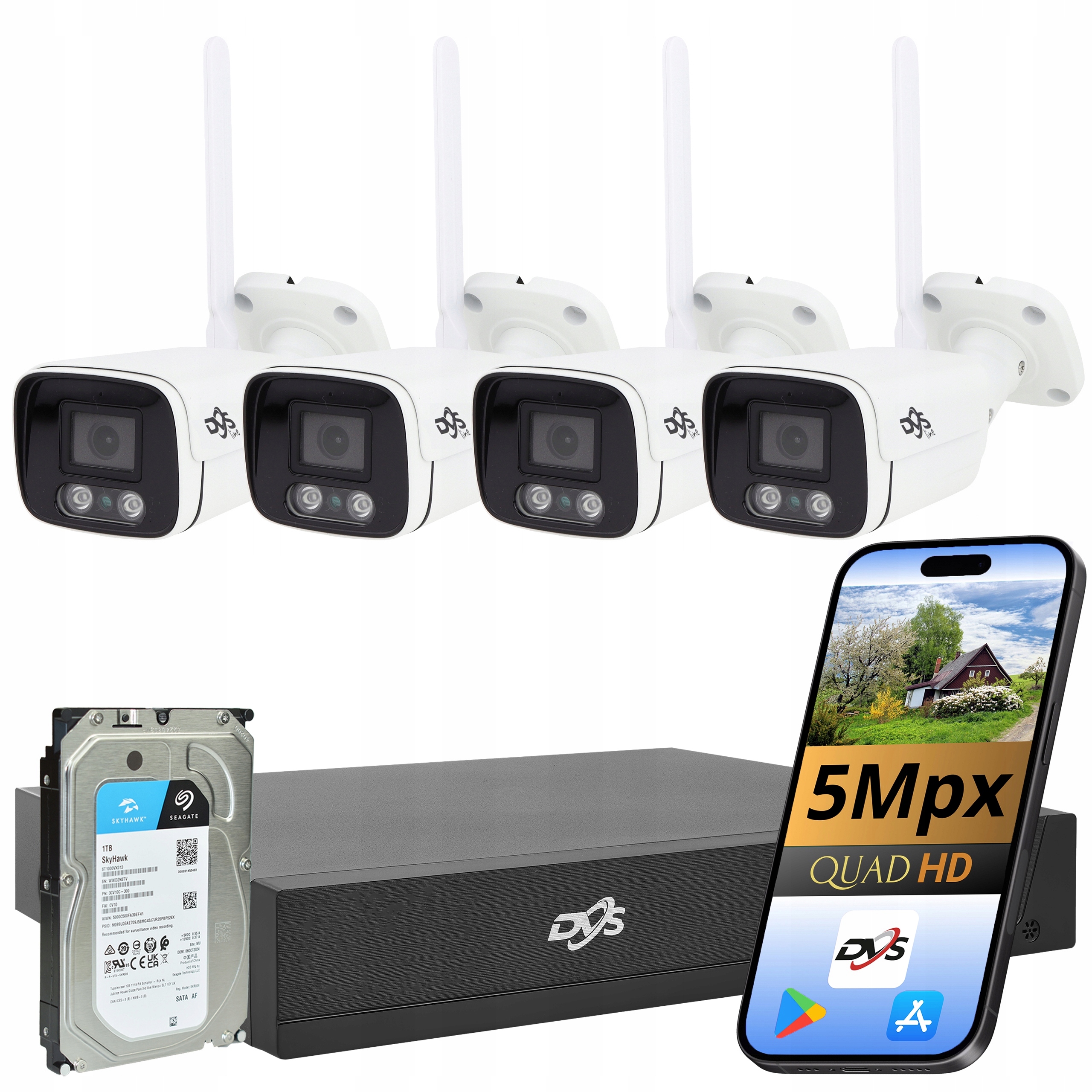Set 4 Bílých Kamer Wifi Bezdrátové Kamery Dvs 5MP Tuba Monitoring 1TB