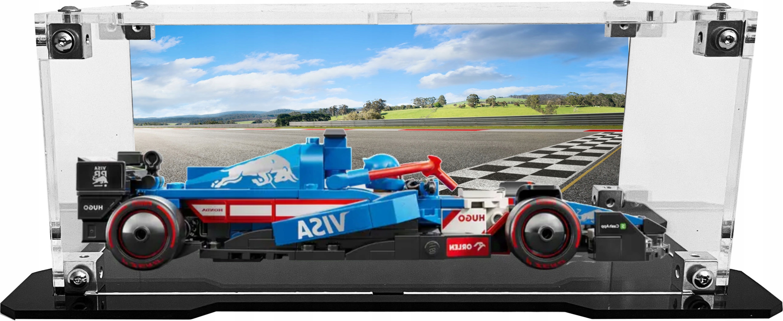 Vitrína s černou základnou a pozadím pro sadu Lego 77246 Formule F1 Visa Cash
