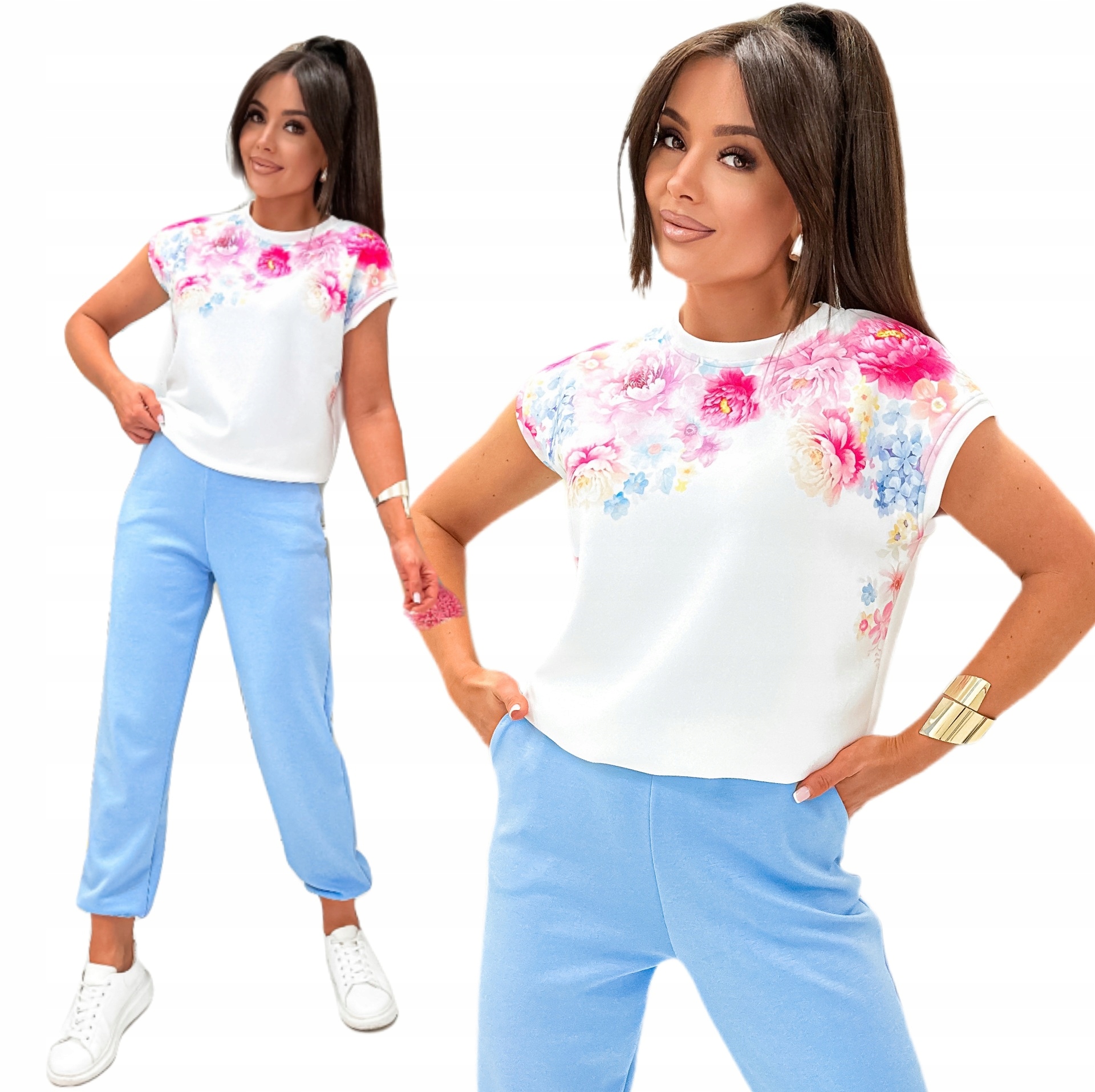 Letni Komplet Dresowy Masełko Spodnie Bluzka Krótki Rękaw Kwiaty Dres L/XL