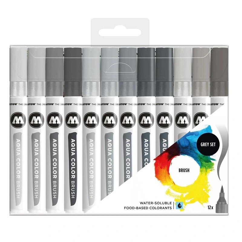 Akvarelové fixy Molotow Aqua Color Brush, 12ks šedé