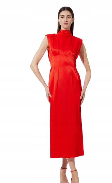 Karen Millen Červená Šaty MIDI S Rolákem A Rozparkem 38 B1F