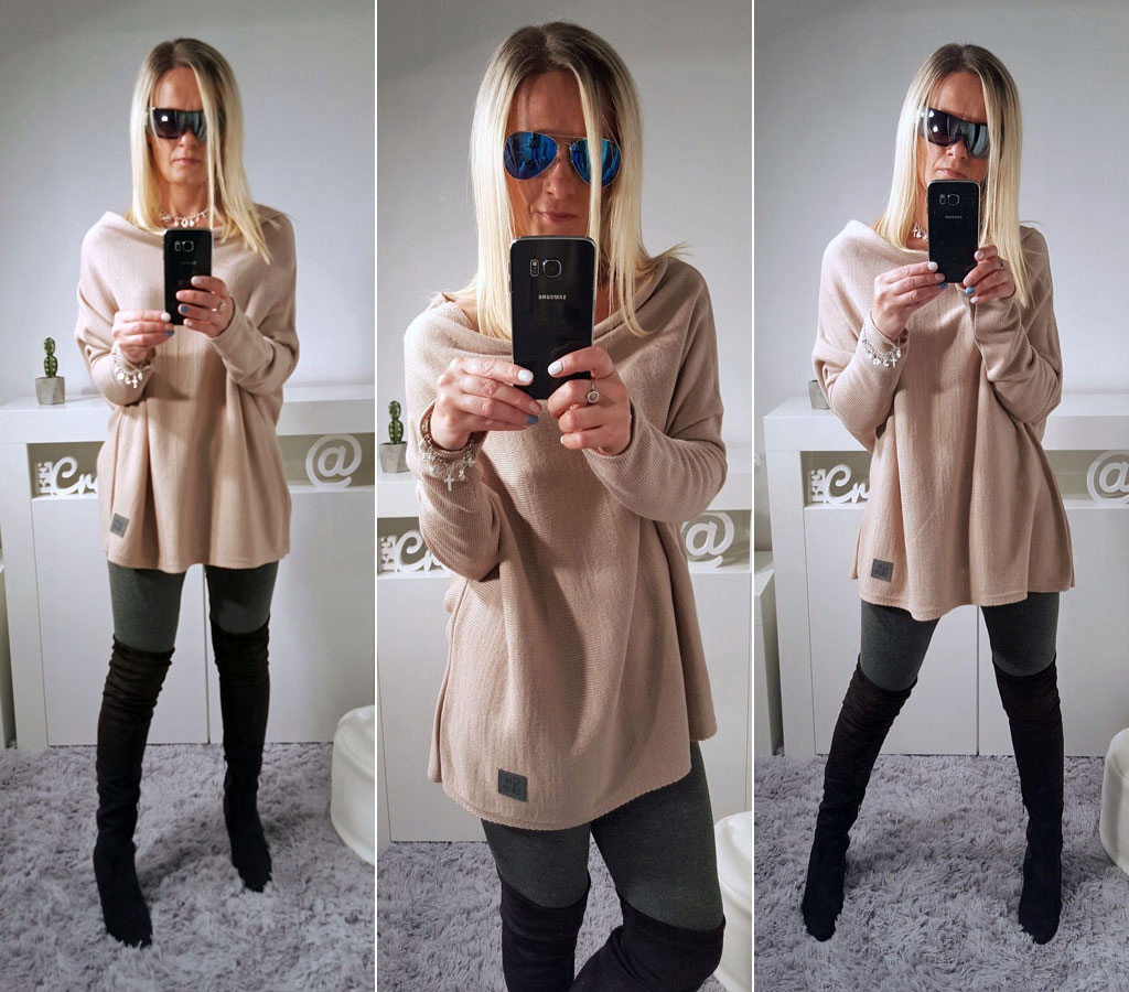 SWETEREK OVERSIZE TUNIKA SWETER WOOL ODKRYTE RAMIĘ