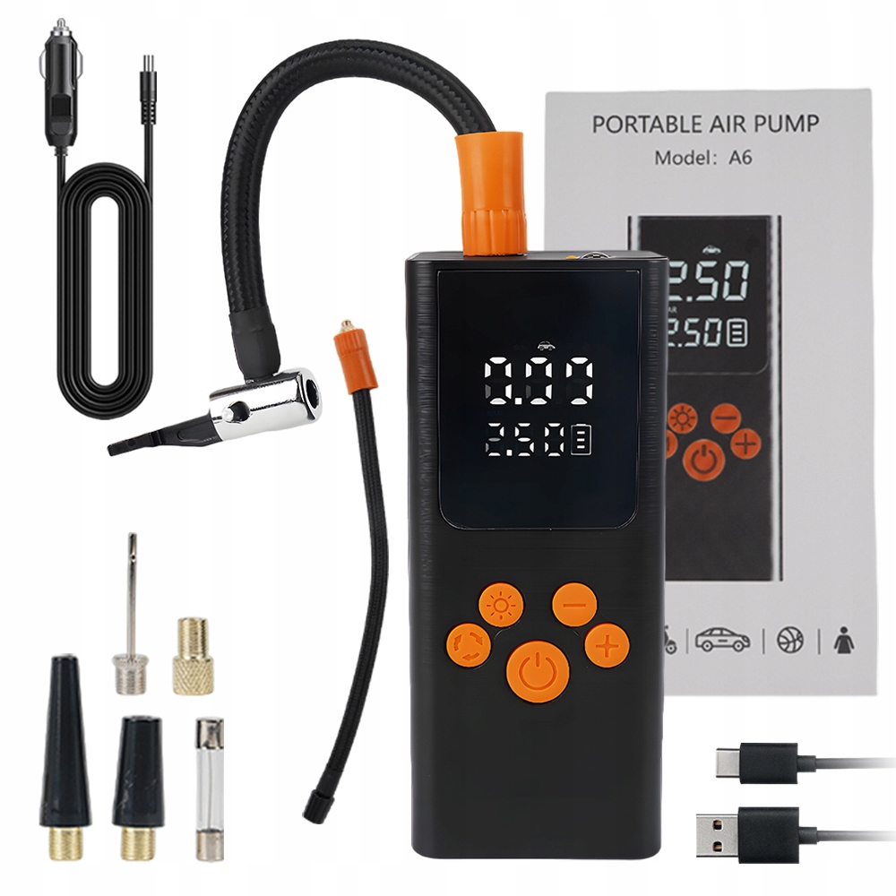 KOMPRESOR SAMOCHODOWY SPRĘŻARKA POMPKA ELEKTRYCZNA ROWEROWA PRZENOŚNA LED