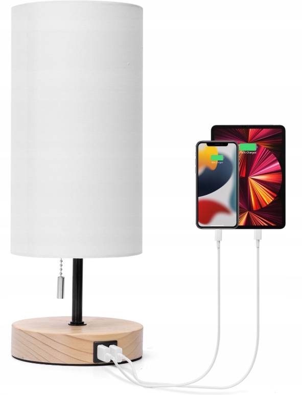 METALOWA LAMPKA NOCNA STOŁOWA E27 2x ładowarka USB Biały
