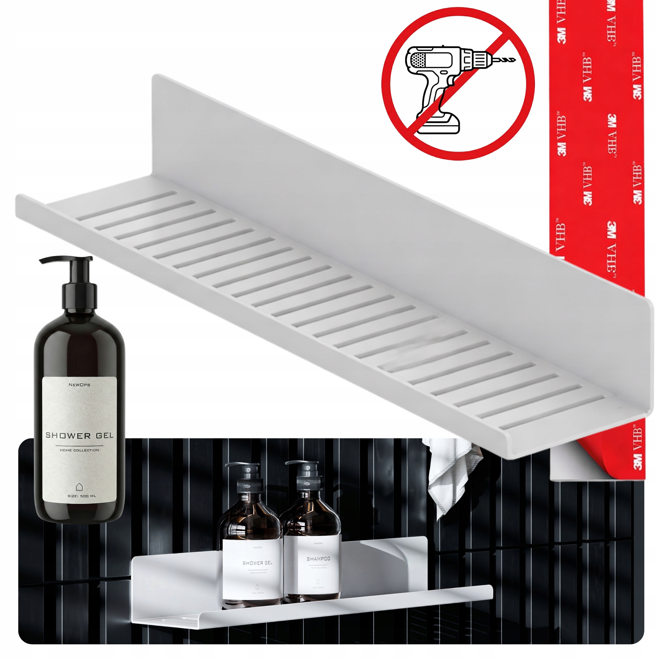 Sprchová Polička Nexa 40 cm Bezinvazivní Bez Vrtání 3M Vhb Láhev