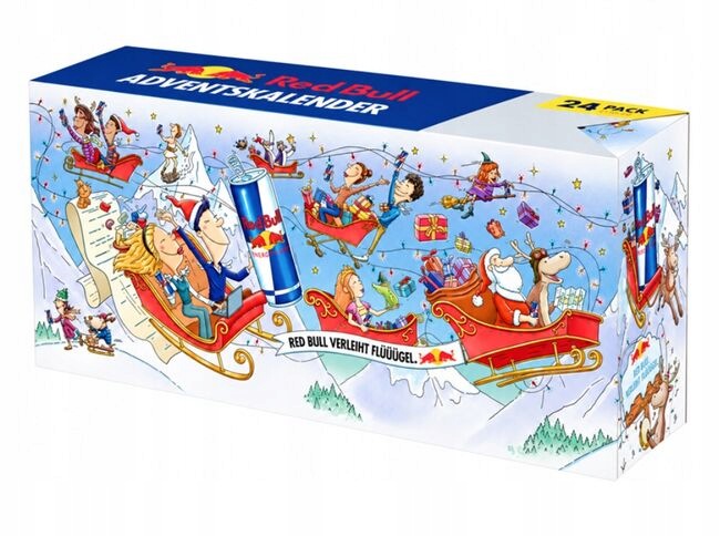 Red Bull Adventní kalendář, německá edice, 24 plechovek, 15 příchutí