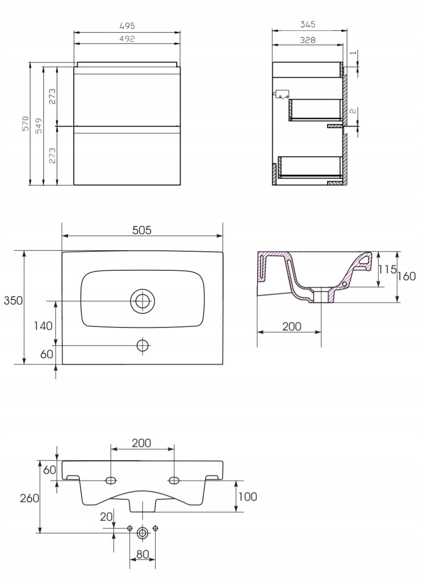 ZESTAW SZAFKA Z UMYWALKĄ 50 CERSANIT MODUO SLIM Głębokość mebla 34.5 cm