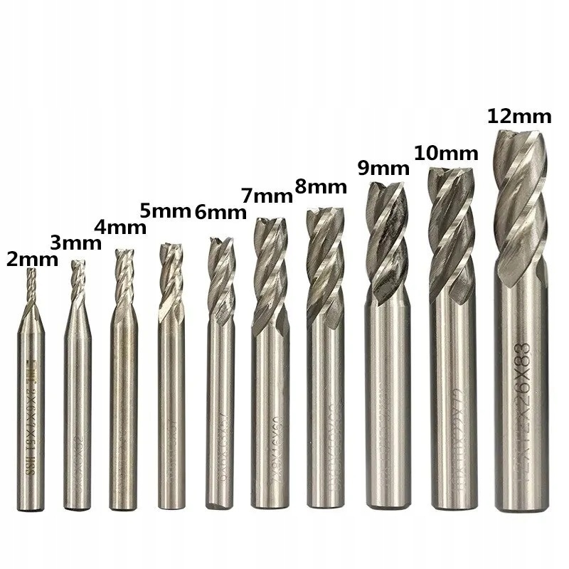 10 szt zestaw komplet frezów Hss fi 2 3 4 5 6 7 8 9 10 12 mm