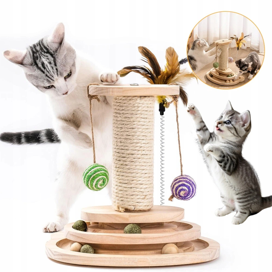 Levně Drapak Dřevěná Hračka Interaktivní Tříúrovňový Otočný Talíř