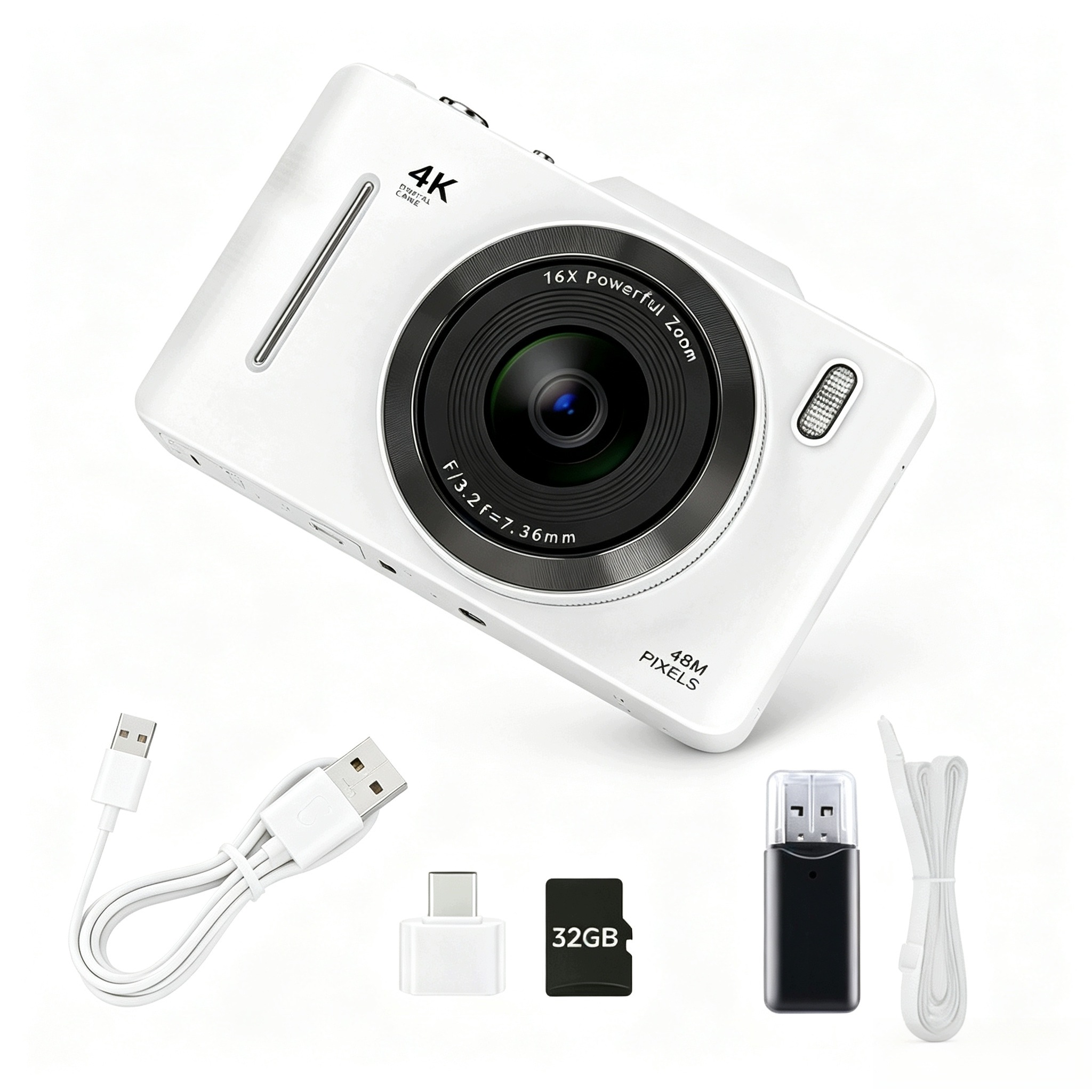 Digitální fotoaparát 4K 48 Mp, režim makro, 16x zoom, lehký, kompaktní, s kartou 3