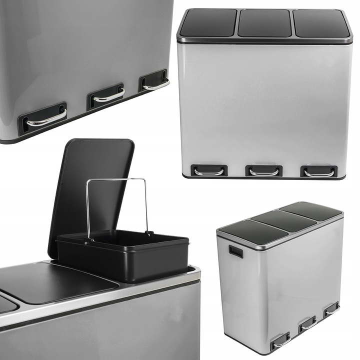 Levně Trojitý Odpadkový Koš, nádoba na třídění pedálů, Ocelová, Stříbrná, 54 L