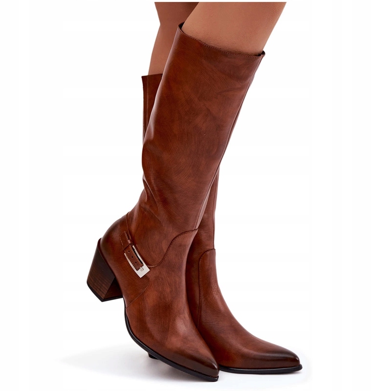 Kozačky Z Přírodní Kůže Na Podpatku S Přezkou Zateplené Zazoo 70156 Hnědé 40