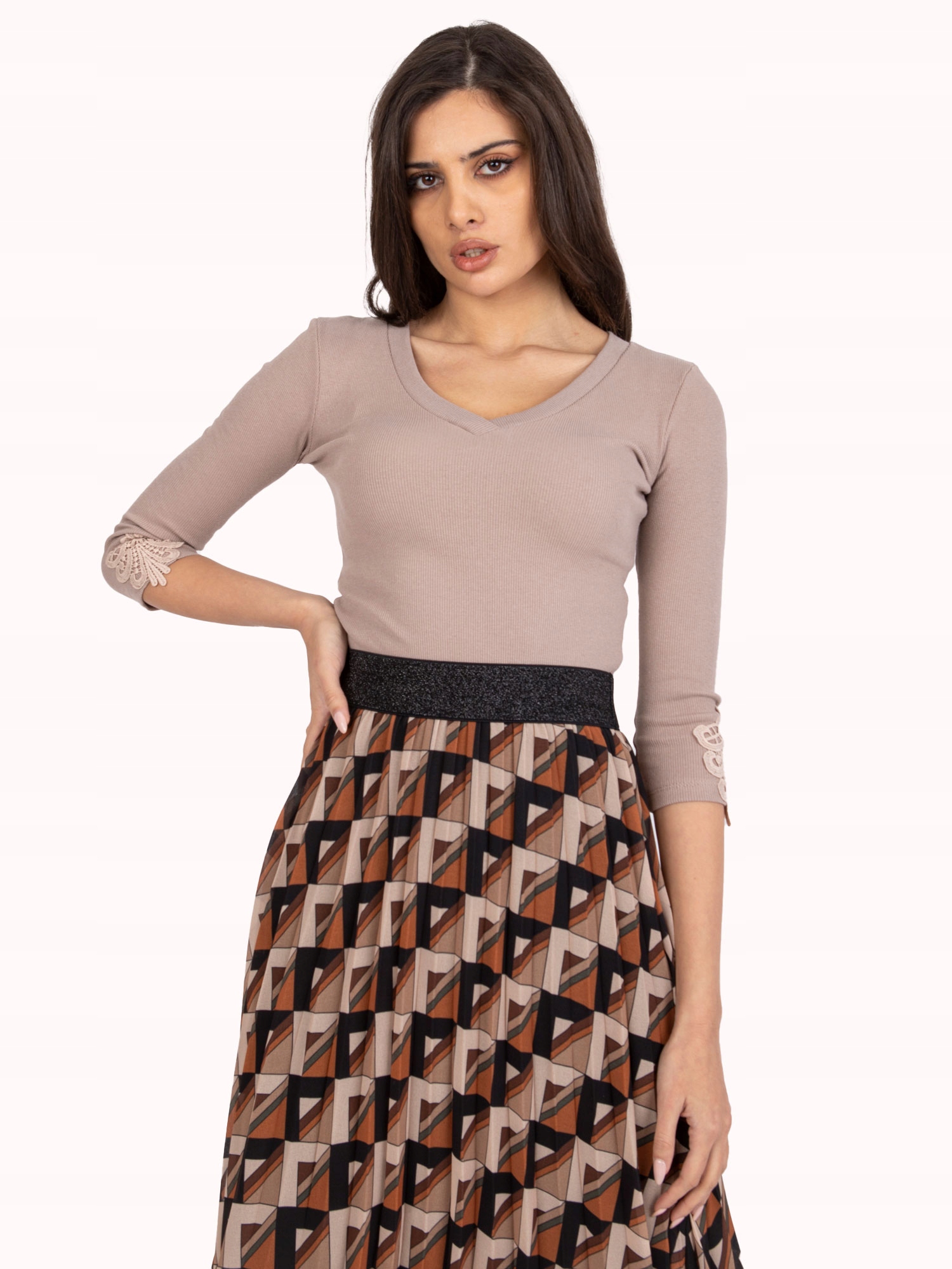 

Damska Prążkowana Bluzka z koronką na co dzień M