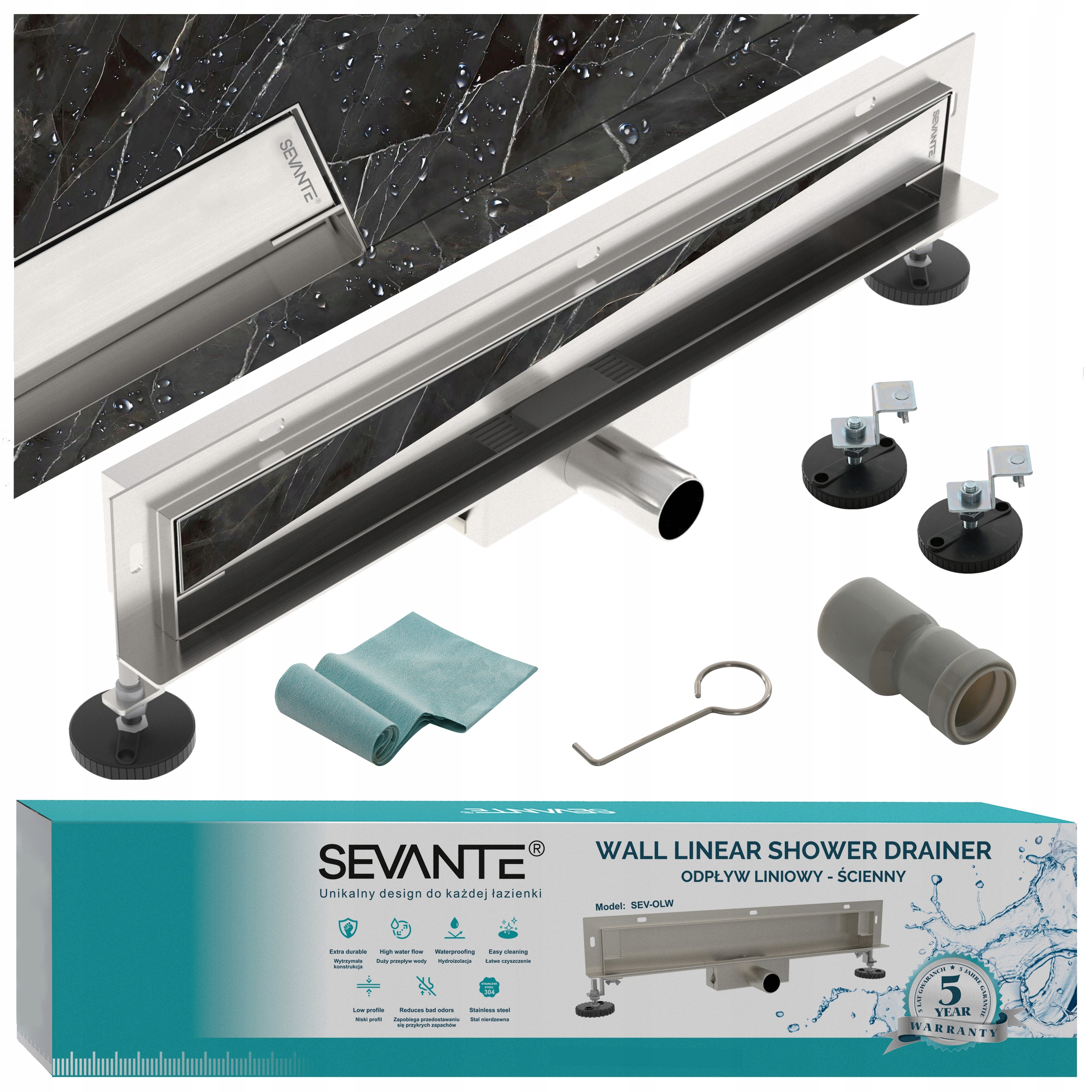 Nástenný lineárny odtok 2v1 90 cm bočný Wall inox nerezová oceľ Sevante