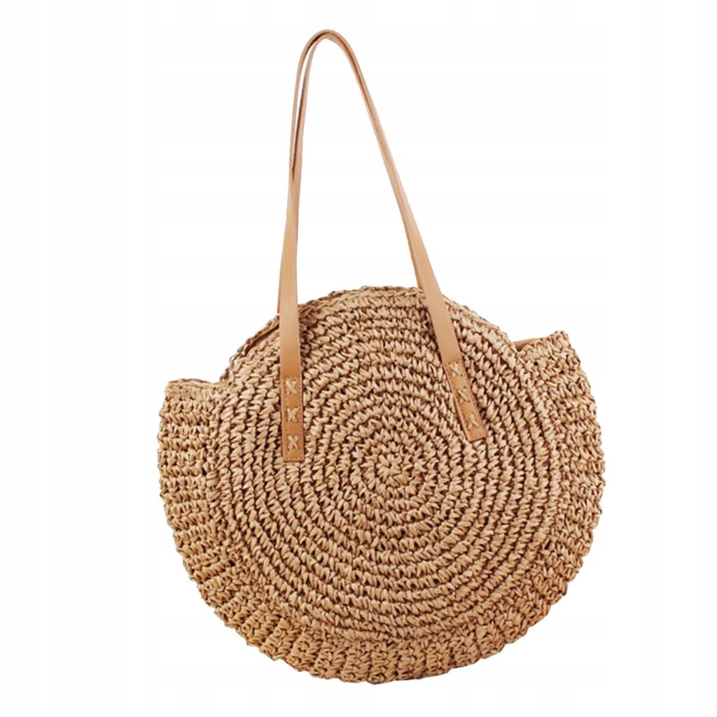 Damska okrągła torebka ze słomy Summer Beach Woven Camel Wzór dominujący inny wzór