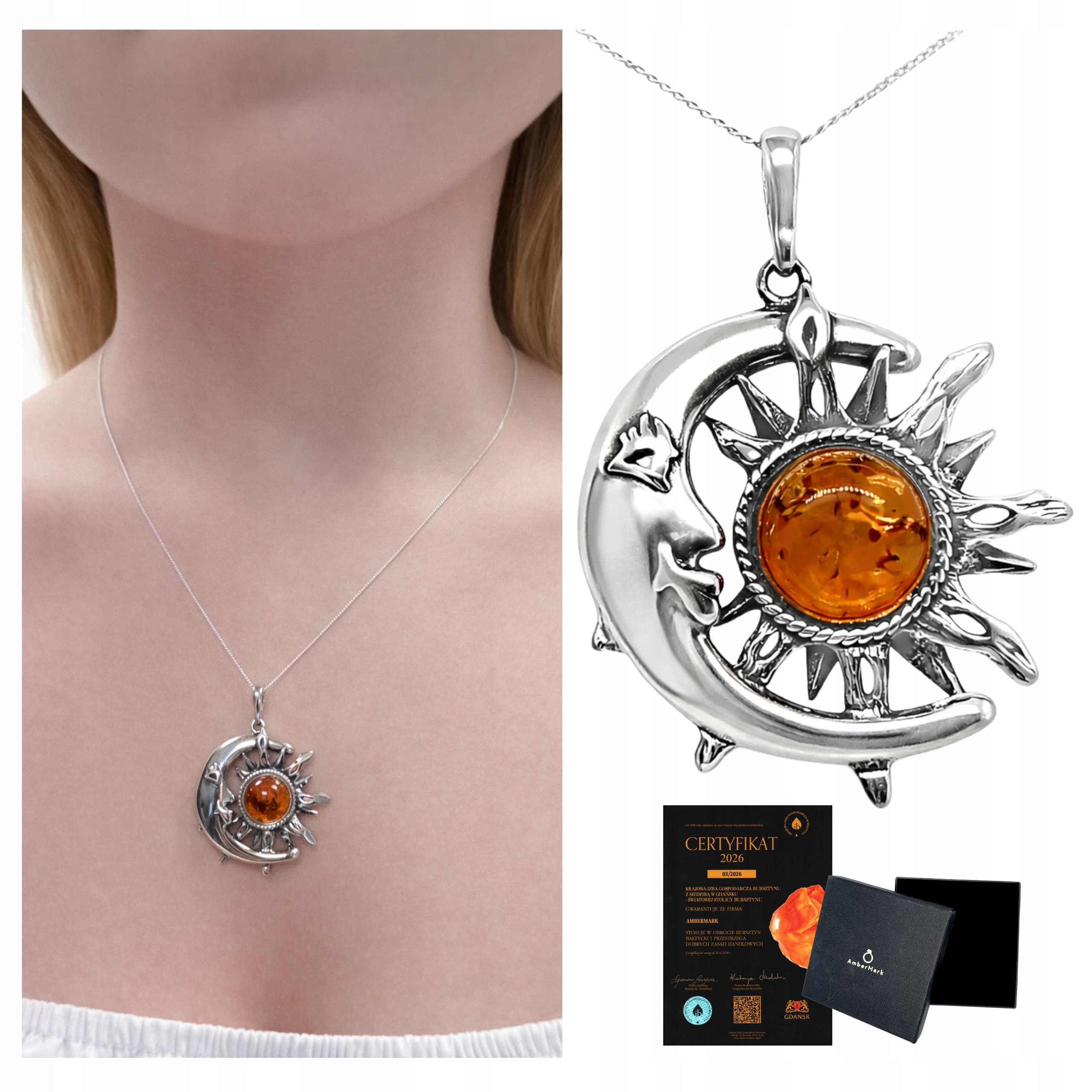 Stříbrný přívěsek jantarový přívěsek měsíc a slunce stříbro 925