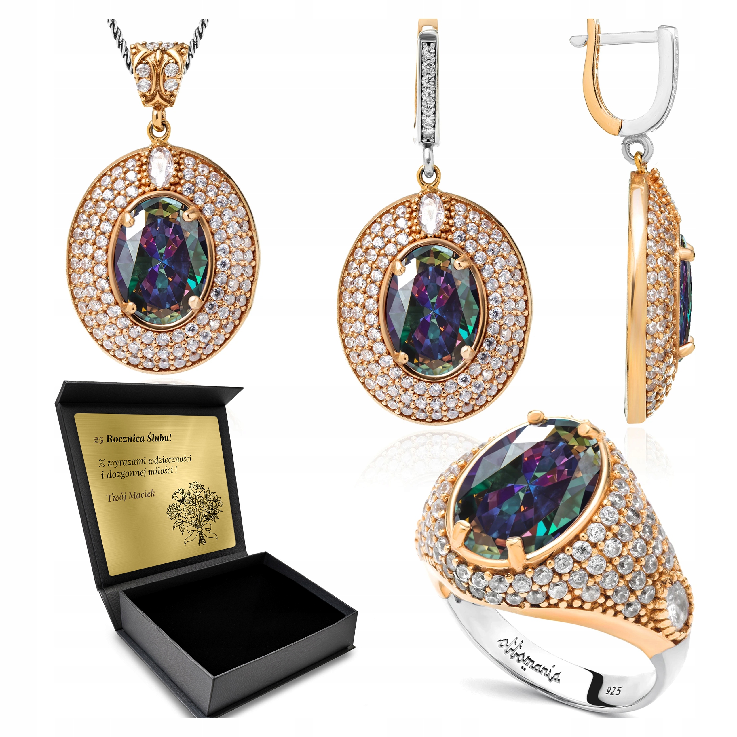 Sada Stříbrných Šperků 925 Zirkony Topaz Sada Pro Ženu Gravírování