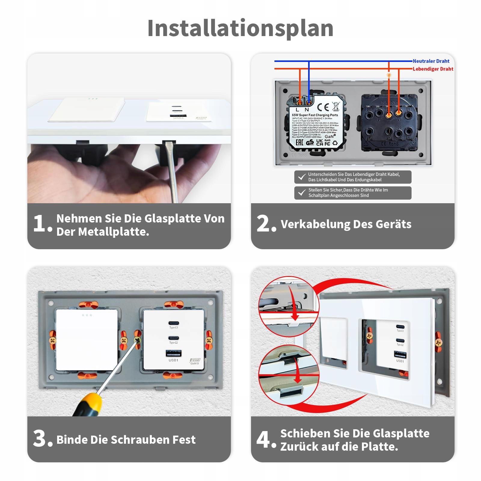 LIAONFOY Przełącznik Światła USB Typ C Szybkie Ładowanie Biały 100-240V — miniatura 6
