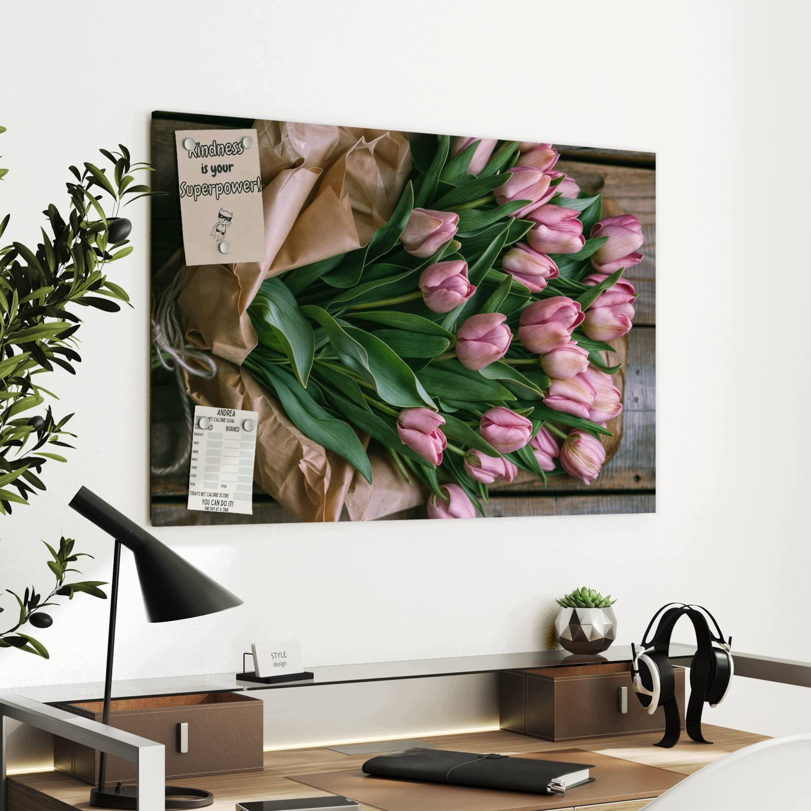 Magnetická tabule Růžový Kytice tulipánů 90 × 60 cm