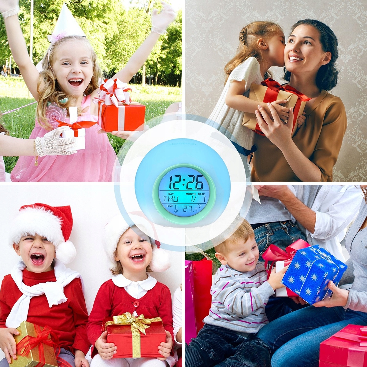 BUDZIK ZEGAR TERMOMETR LAMPKĄ NOCNĄ LCD 7 KOLOR Tarcza cyfrowa