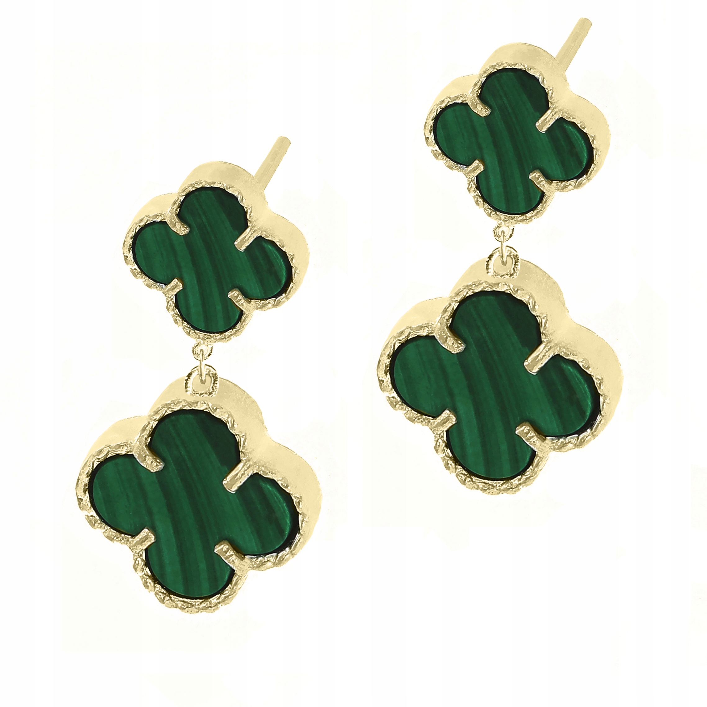 Zlaté náušnice s puzetou, dva čtyřlístky, malachit, stříbro Ag 925