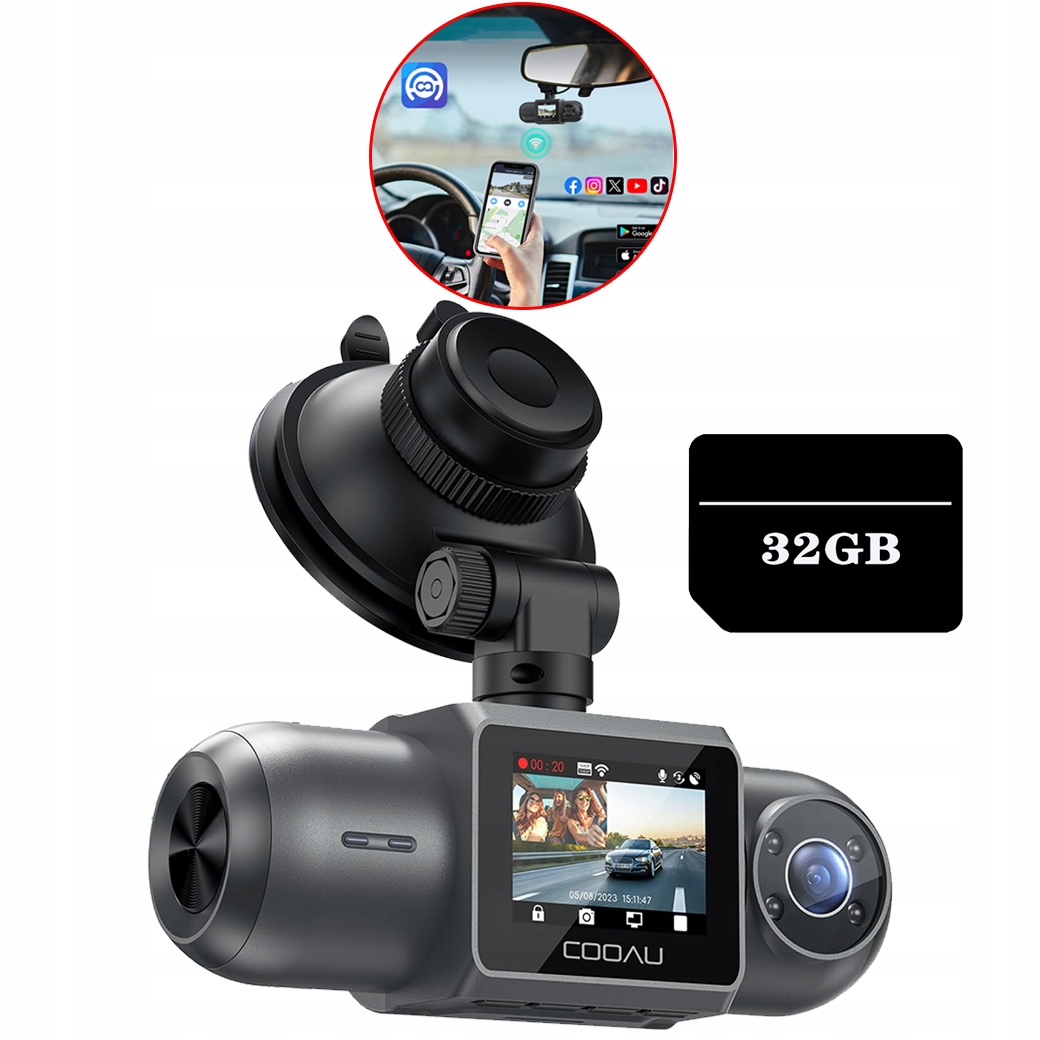 Videorekordér 4K Wifi Gps S Zpětnou Kamerou Monitorování 24/7 32 Gb Sd Aplikace