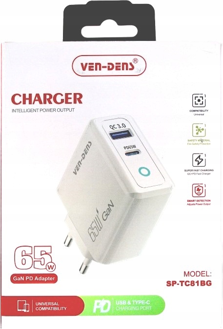 Nabíječka Usb-a QC3.0 Usb-c PD65W 65W Bílá Ven-dens