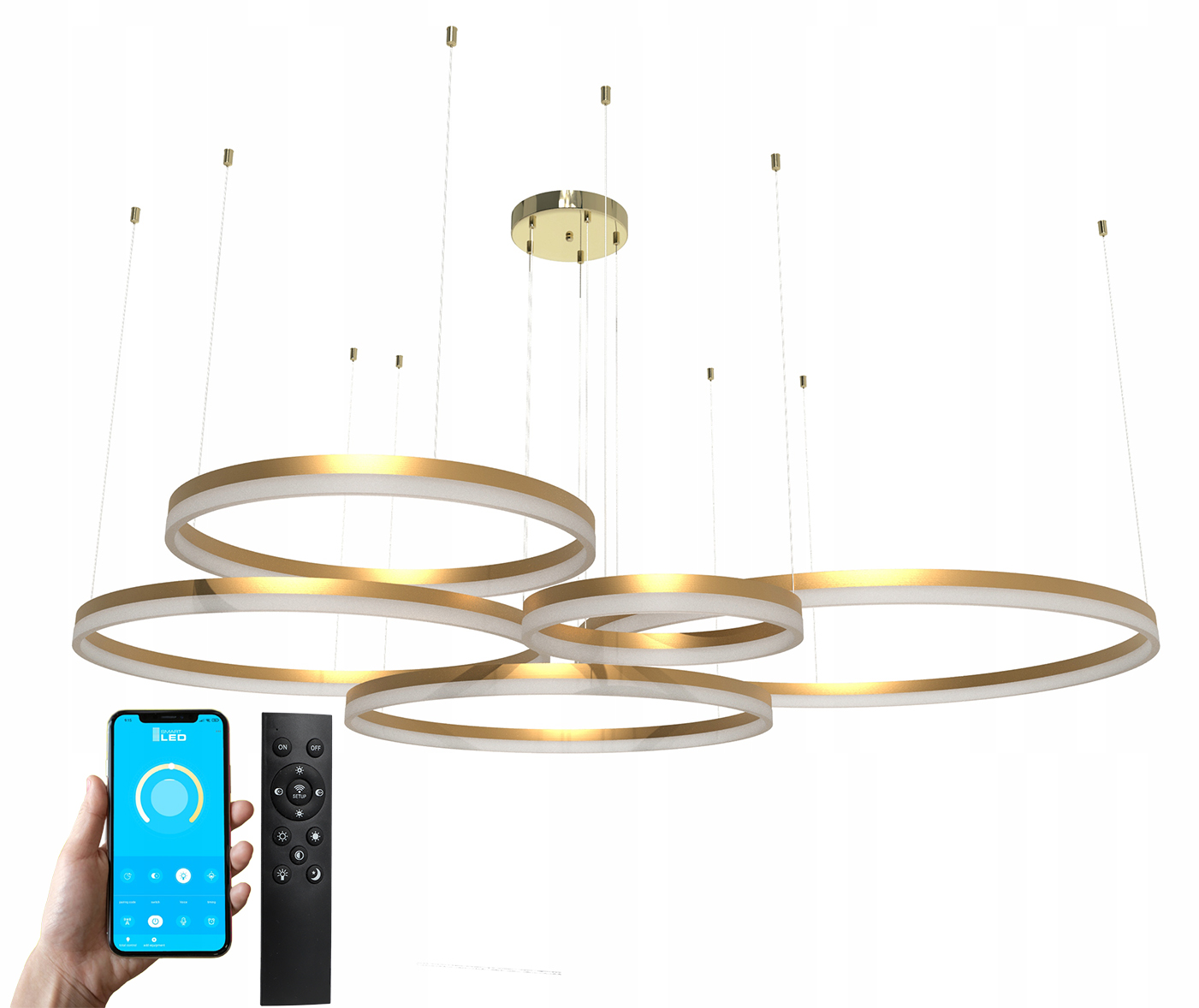 Lampa sufitowa wisząca Led złota plafon ring okręgi żyrandol z pilotem