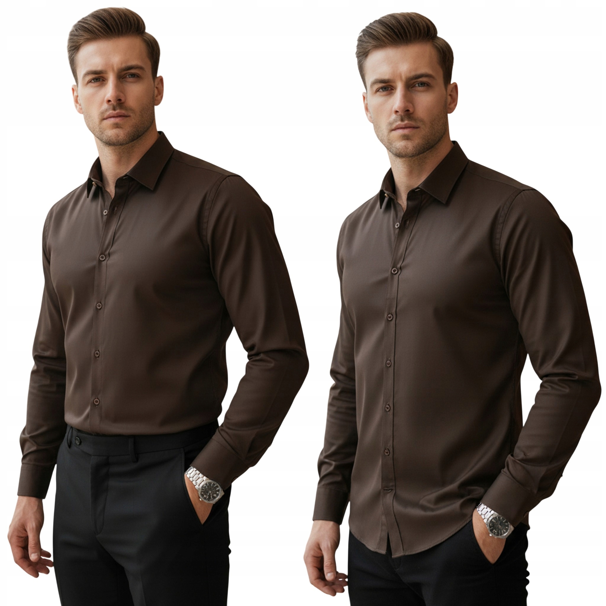 Koszula męska slim fit długi rękaw ciemnobrązowa DX2679 XL