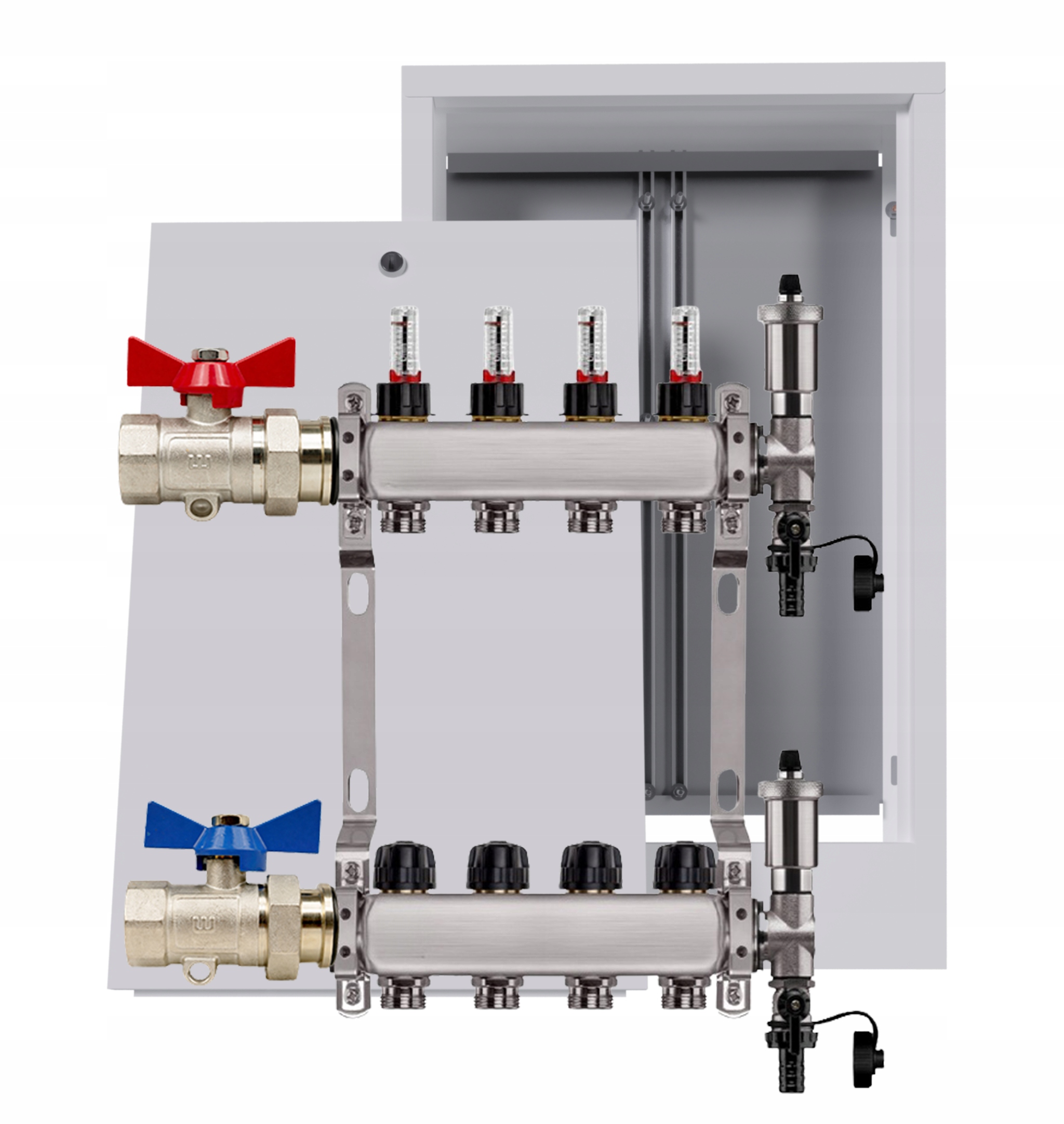 Nerezový rozdělovač pro podlahu 4 okruhy nástěnná skříňka ventily