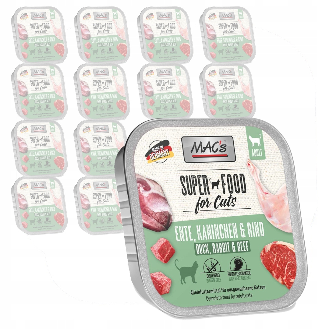 Levně MAC's Miska 16x100g Mokré Krmivo Pro Kočky Kachna Králík a Hovězí maso bez obilovin