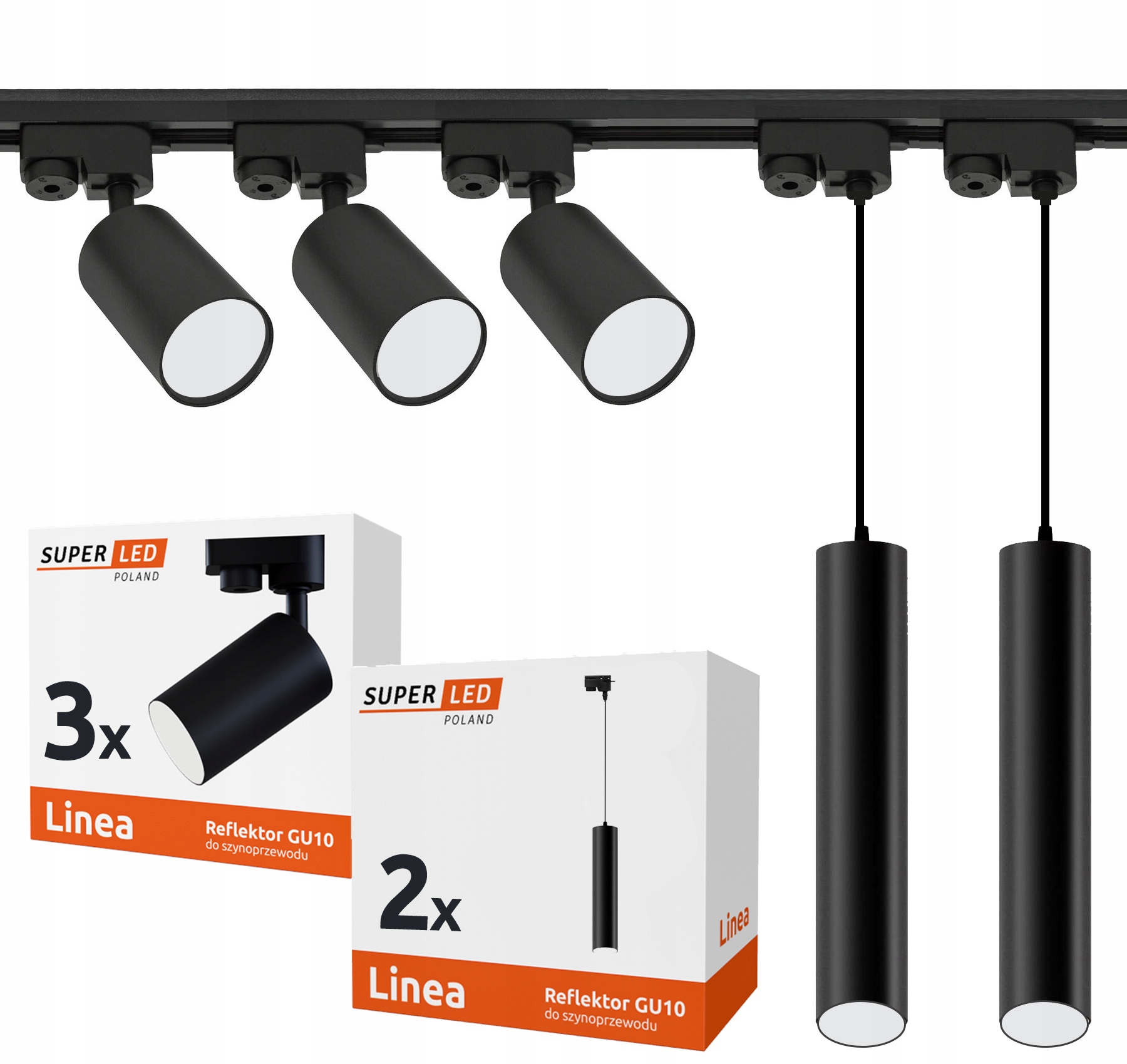 Sada kolejnicová lišta 2 m 3 x svítidlo 2 x závěsná lampa GU10 Led