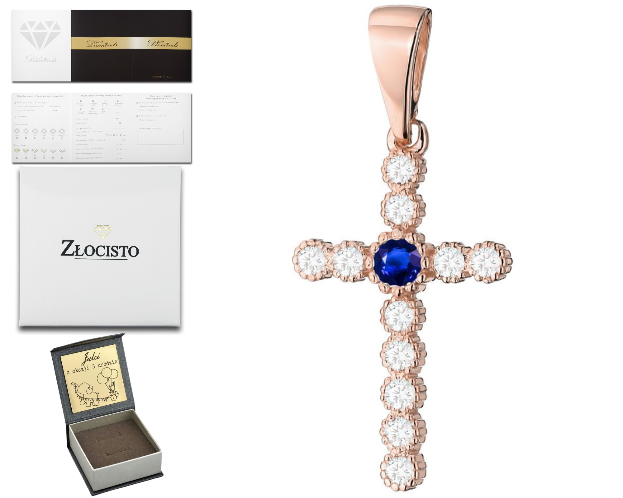 Růžové Zlato Přívěsek Křížek Se Safírem A Brilianty 585 Gravírování Dárek