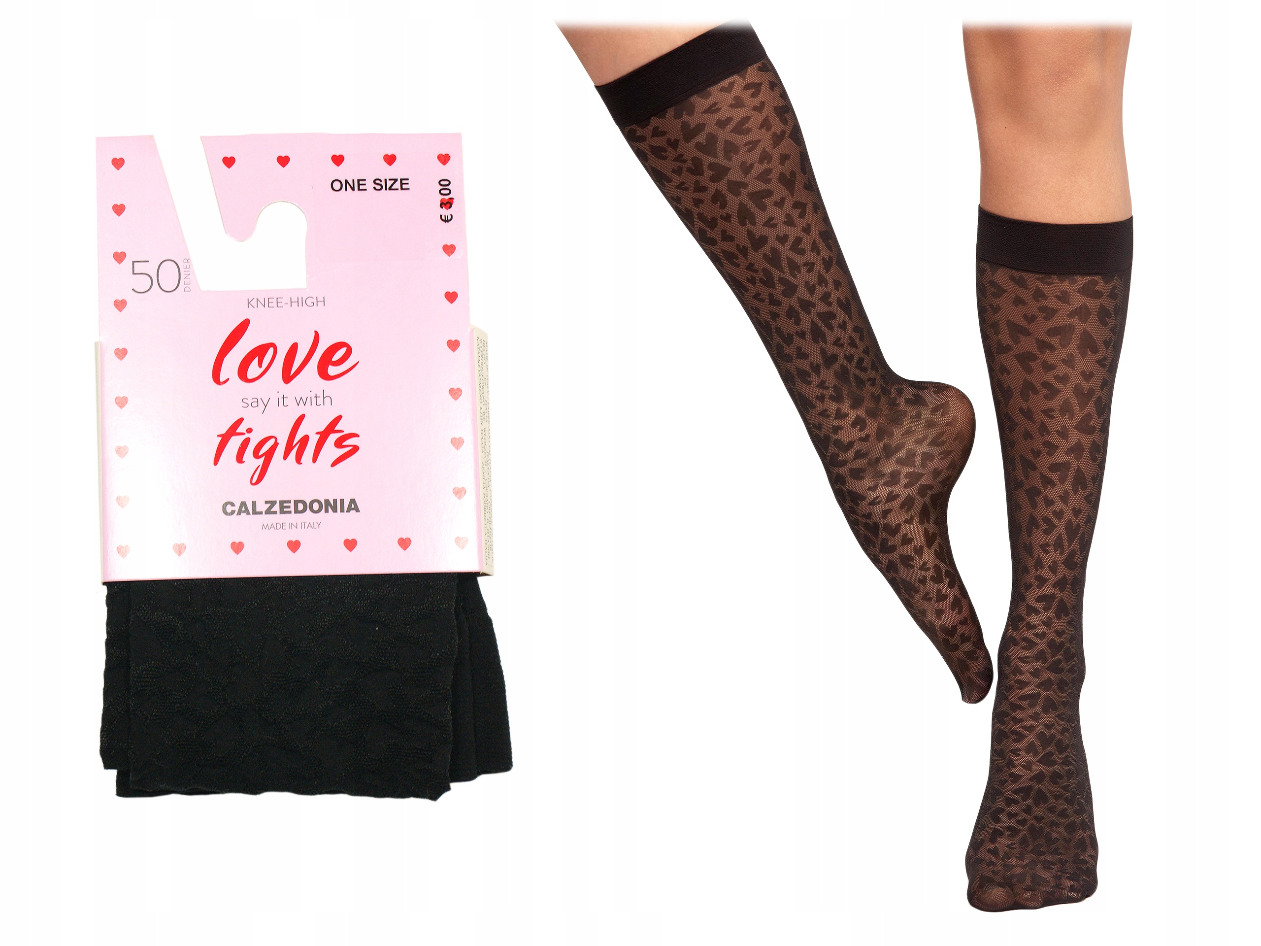 Calzedonia podkolanówki 50 DEN czarne serduszka