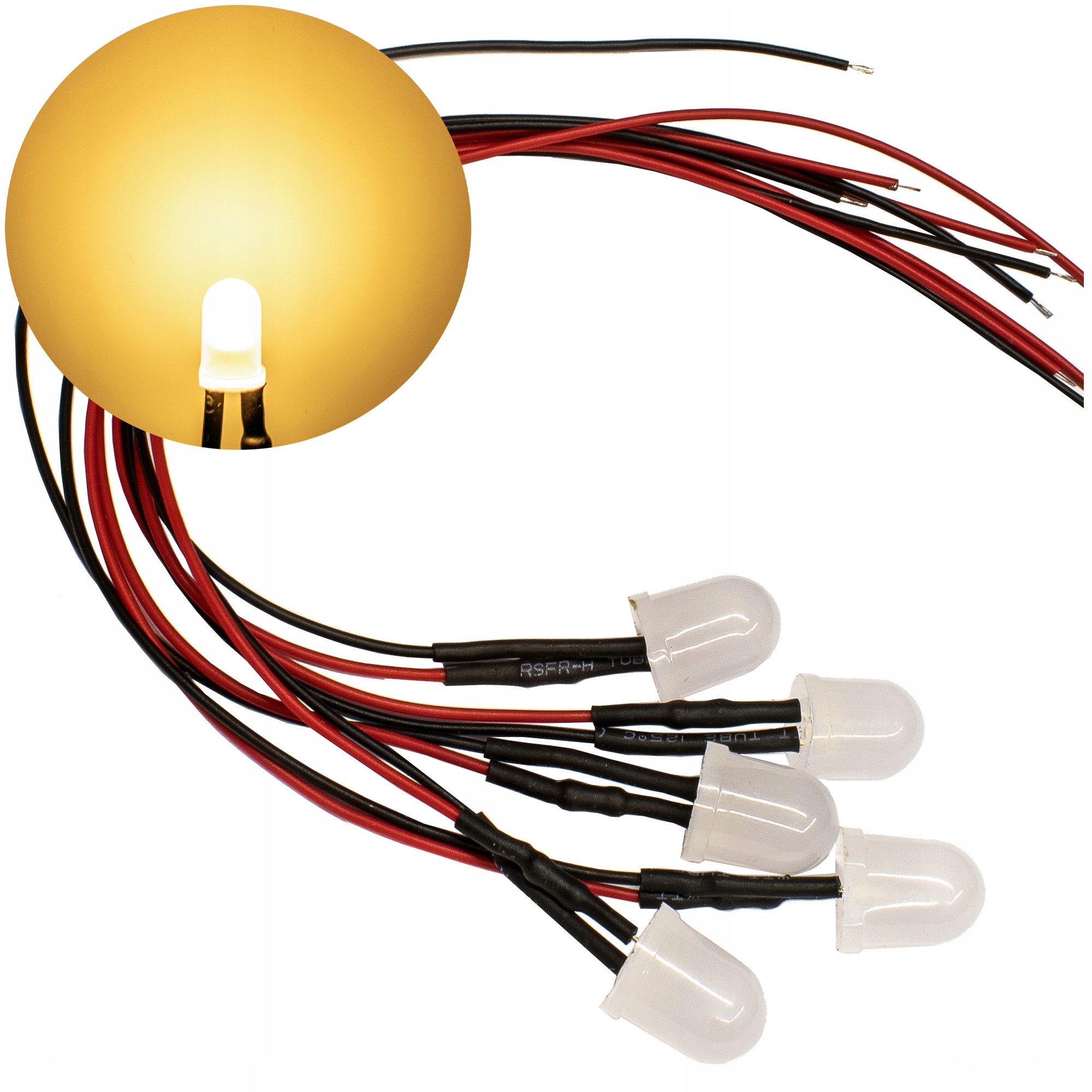 

x5 Diody Led 12V Mat 10mm Białe Ciepłe przewód20cm
