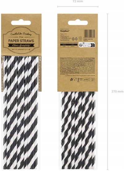 SŁOMKI PAPIEROWE czarne rurki do napojów 10 szt pastelowe w PASKI pasiaste Marka Party Deco