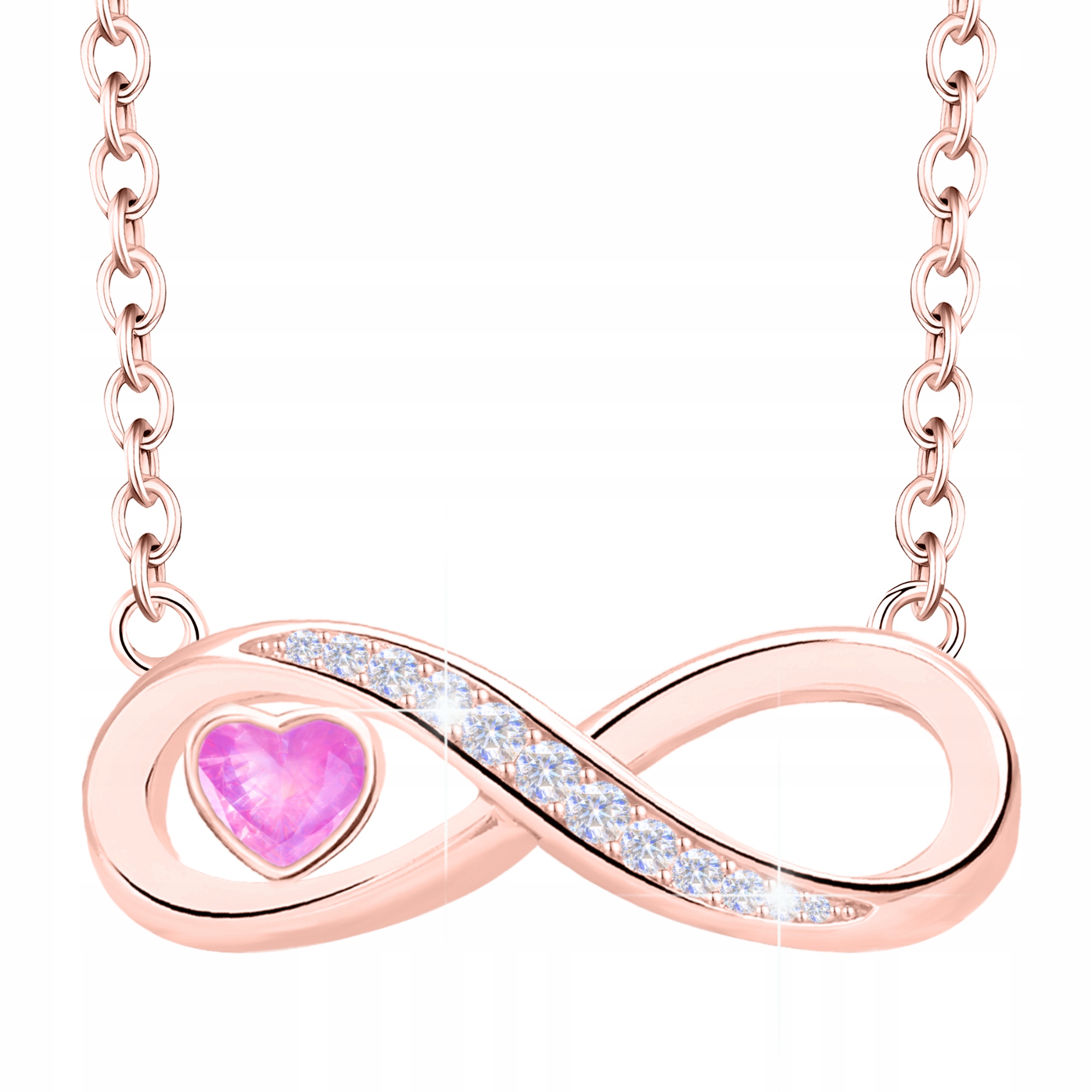 Růžový náhrdelník se srdcem z křišťálu, stříbro 925, růžové srdce nekonečno, pozlaceno 18K