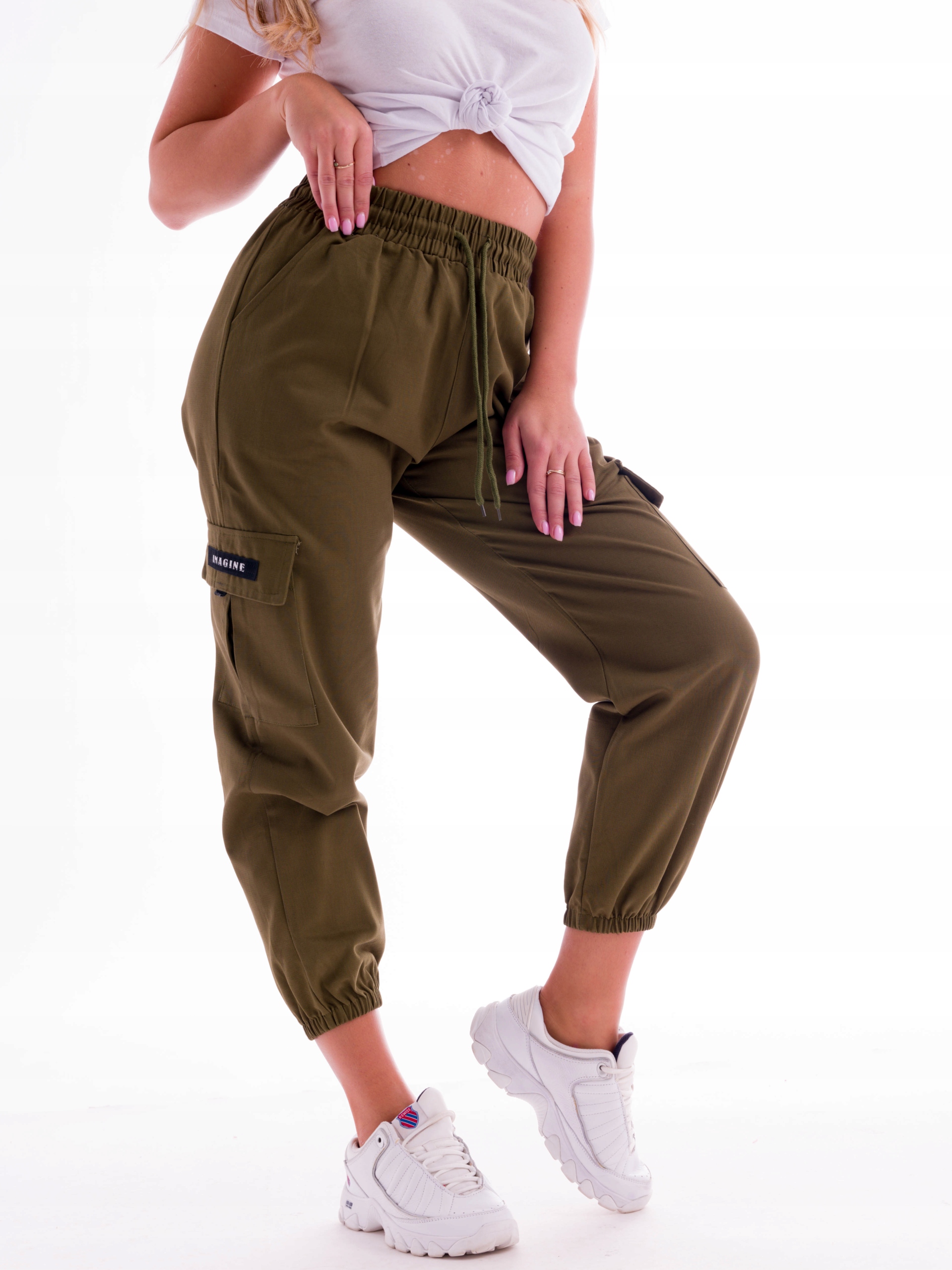 STYLOWE KOBIECE SPODNIE CARGO BOJÓWKI Odcień khaki