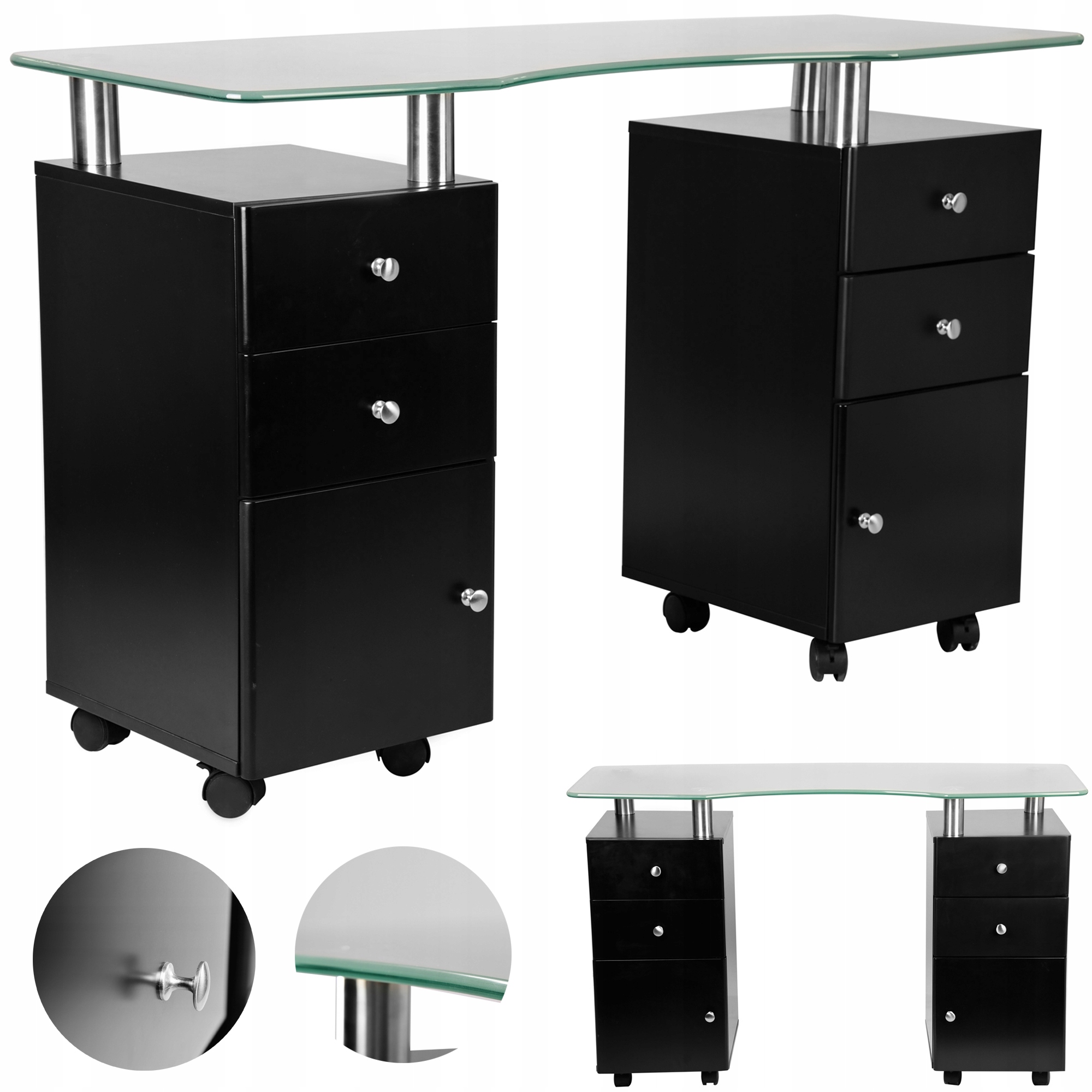 Kosmetický stolek na manikúru, černý, se skleněnou deskou, 4 zásuvky