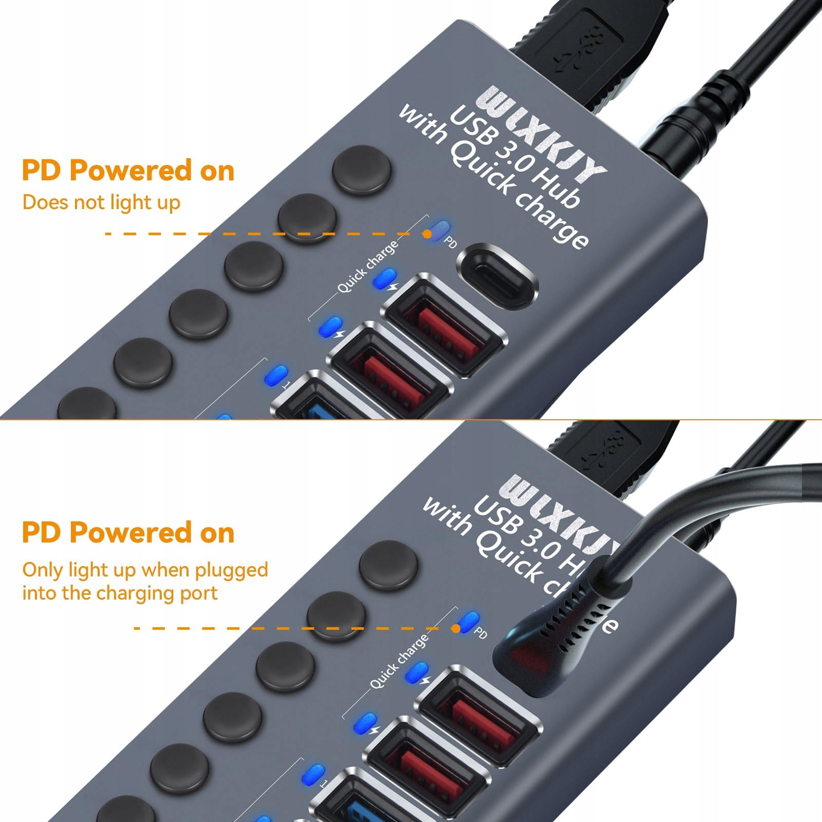 WLXKJY Aktywny USB Hub 72W 10 Portów Aluminiowa Obudowa Szybkie Ładowanie — miniatura 2